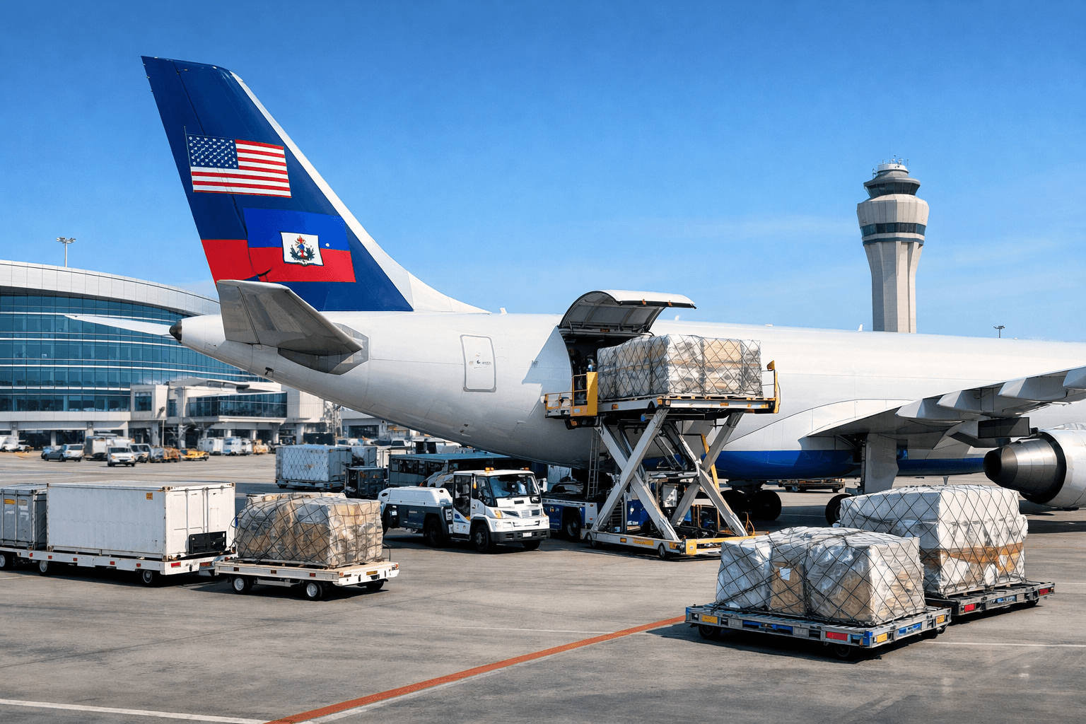 Professional international shipping - Modern cargo port with containers, ships, and logistics operations between USA and Haiti